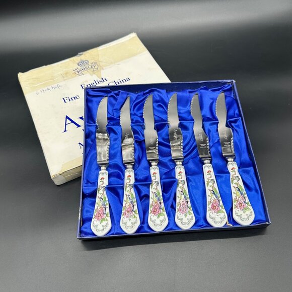 Vintage Aynsley Pembroke Fine Bone China Stainless Steel Steak Knives Bird Pink - Picture 1 of 11